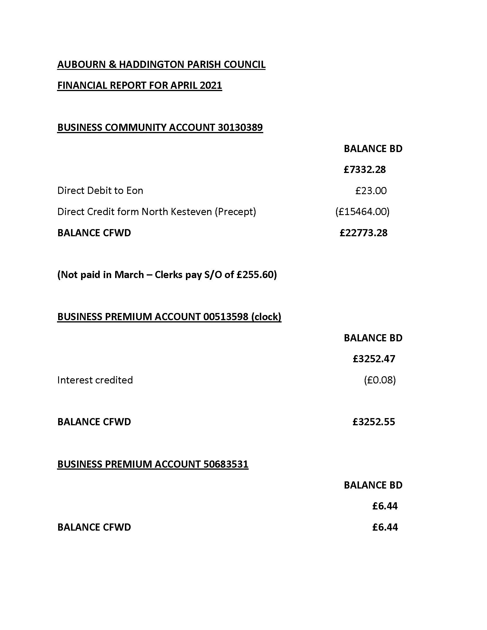 April 2021 financial accounts