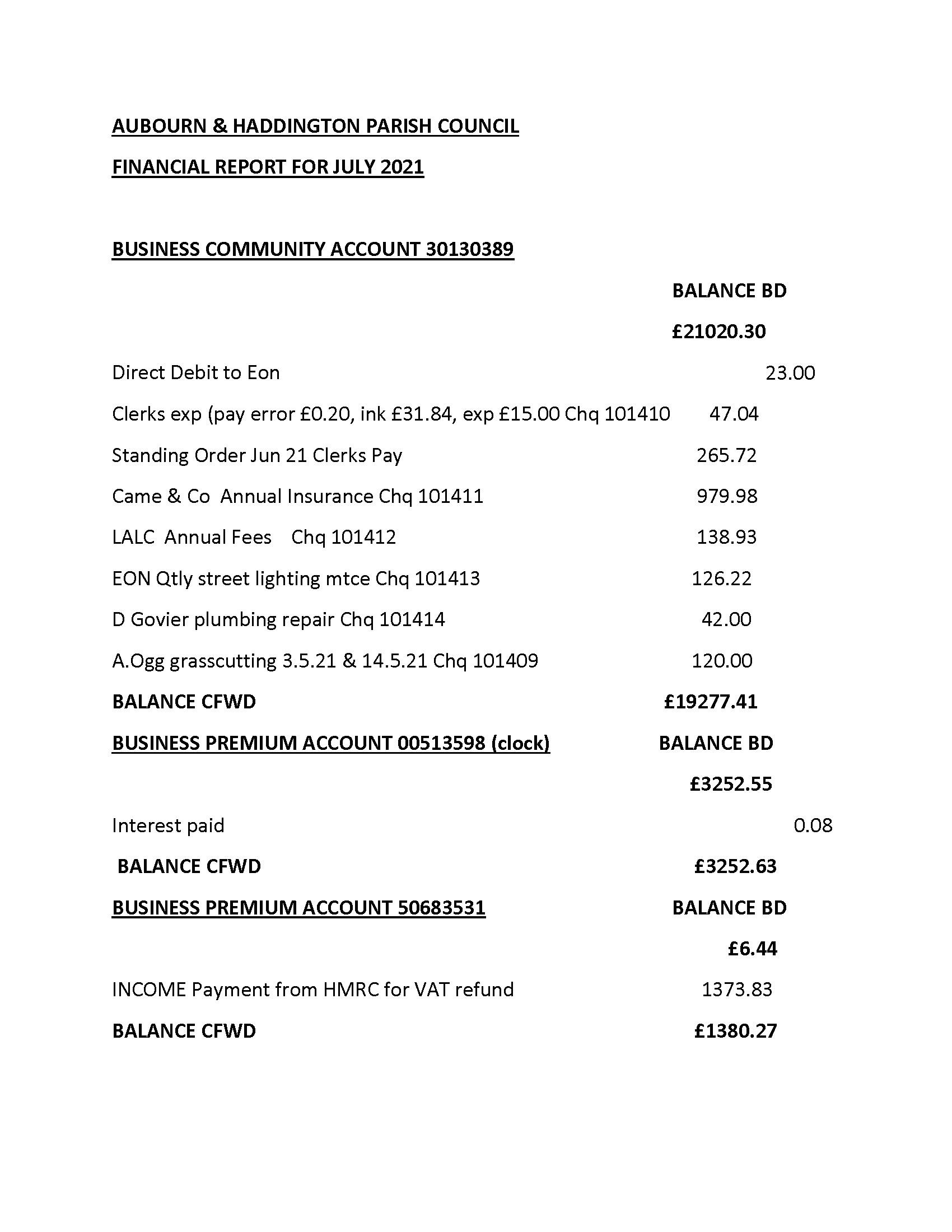 July 2021 financial accounts